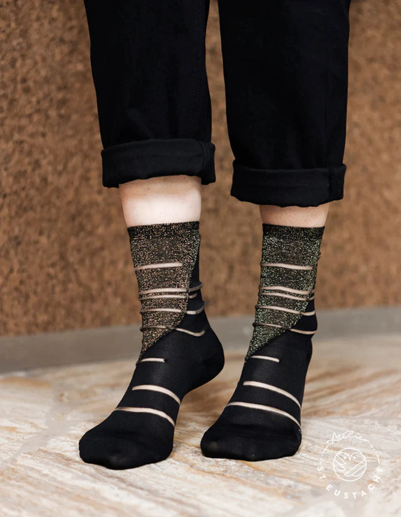 Tate Modern Black, Gold And Transparent Socks buy shop purchase trendy fashion now stockings french touch made in italy museum front facade architecture cutout sparkles sparkly pattern patterned